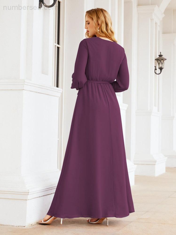 Vestito da damigella d'onore in chiffon da donna Numbersea, linea a trapezio, maniche lunghe, abito lungo formale da sera per ospite di matrimonio 28032
