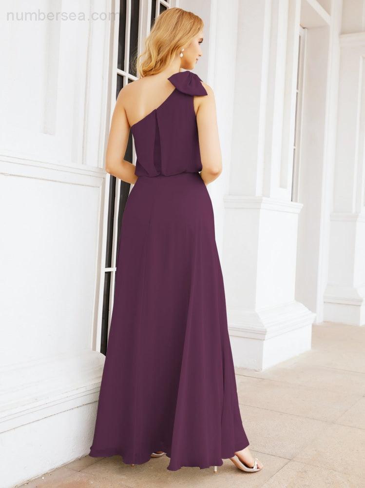 Chiffon Ruffled One Shoulder Sleeveless Long Bride Dresses A-line Formal Evening Gown Side Split 28057
