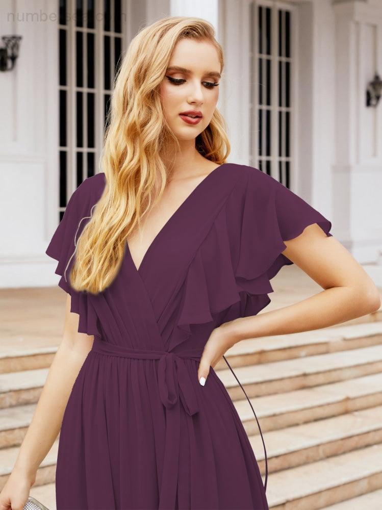 Abiti da sera formali da donna Numbersea con schiena scoperta, scollo a V, lunghi in chiffon, abiti da damigella con cintura in vita 28038