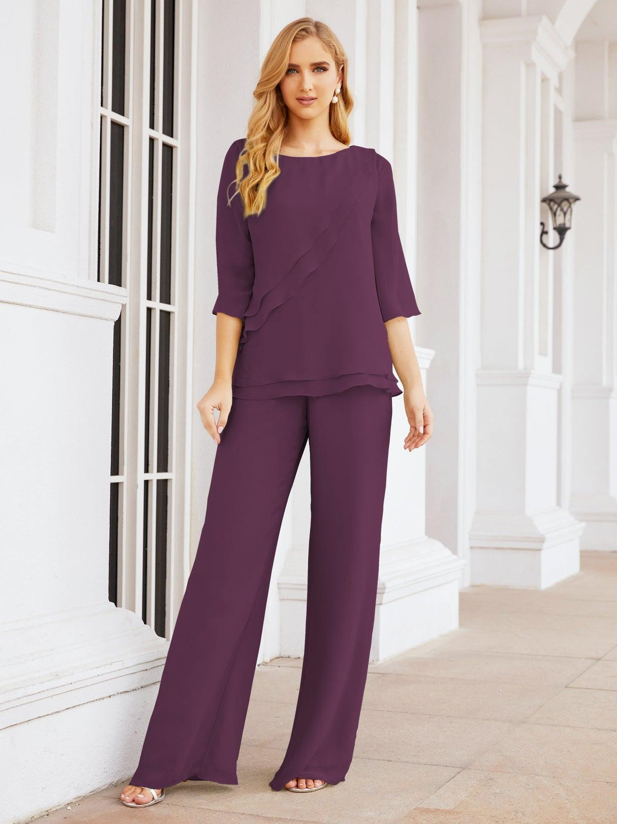 Numbersea Elegantes 2-teiliges Kleid für die Brautmutter Große Größen Hosenanzug mit Rüschenschichten Silberner Hausmantel 28064