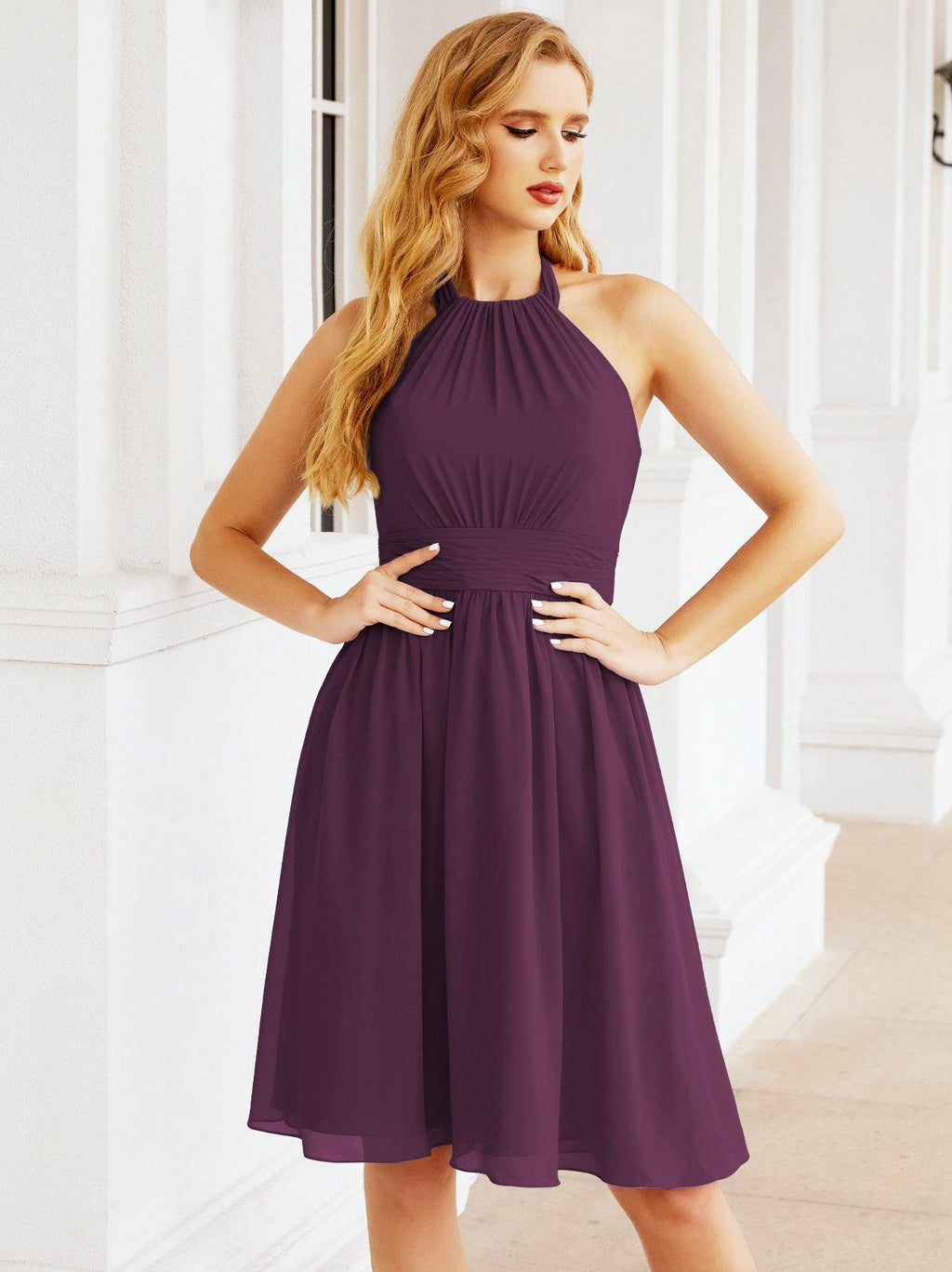 Halter Chiffon Bridesmaid Dresses Short Sleeveless Formal Party Dress Open Back 28023