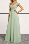 Vestido comprido verde-sálvia de chiffon com decote coração, mangas esvoaçantes e costas com atilhos