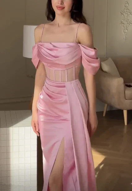Vestido de fiesta elegante rosa con hombros descubiertos, corte sirena y abertura, vestido de noche Y7625