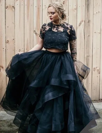 Charming Tulle Lace Two Piece Long Wedding Dress With Short Sleeves