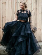 Charming Tulle Lace Two Piece Long Wedding Dress With Short Sleeves