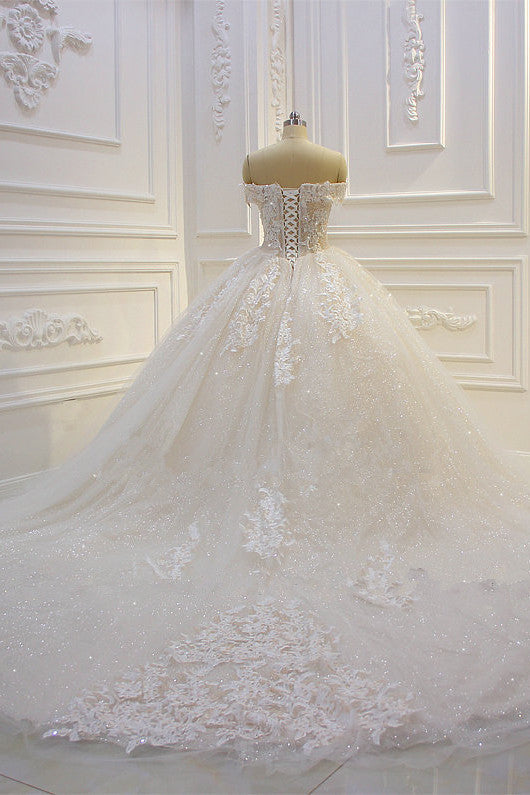 Chic Sequin Off The Shoulder Sweetheart Ball Gown Wedding Dress Appliques Lace