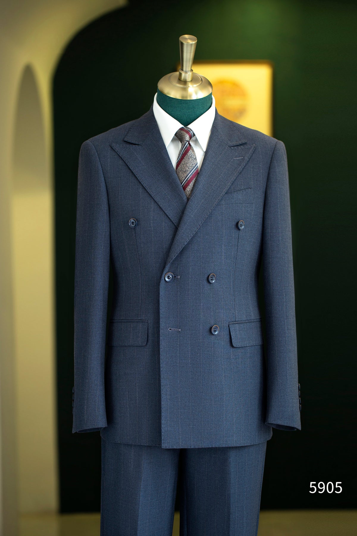 Charcoal Gold Pinstripe Wool Double Breasted 3 Piece Wedding Suit For Groom