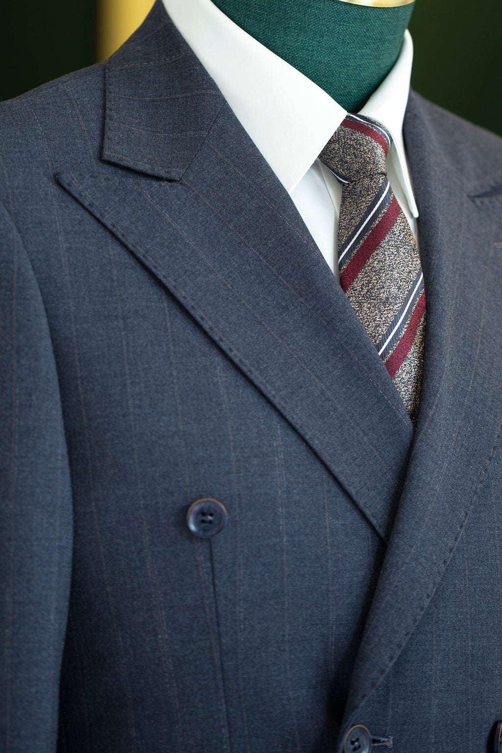 Charcoal Gold Pinstripe Wool Double Breasted 3 Piece Wedding Suit For Groom