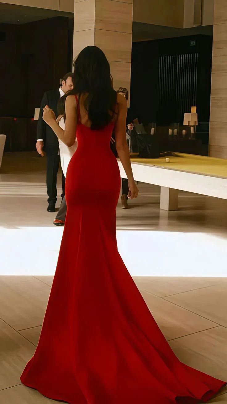 Vestido de Baile Formal Vermelho Simples com Alças Finas Estilo Sereia Y7902