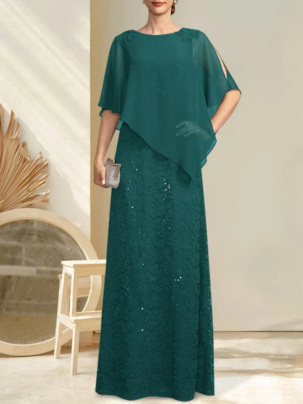 Vestido de madrina de novia de encaje de gasa con lentejuelas y abalorios, corte columna y largo hasta el suelo