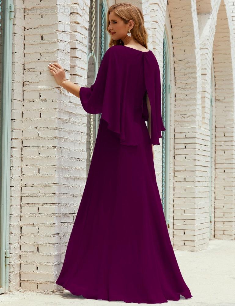 Bridesmaid Dress Women Long Sleeve V-Neck Chiffon Formal Wedding Party Dress 28018