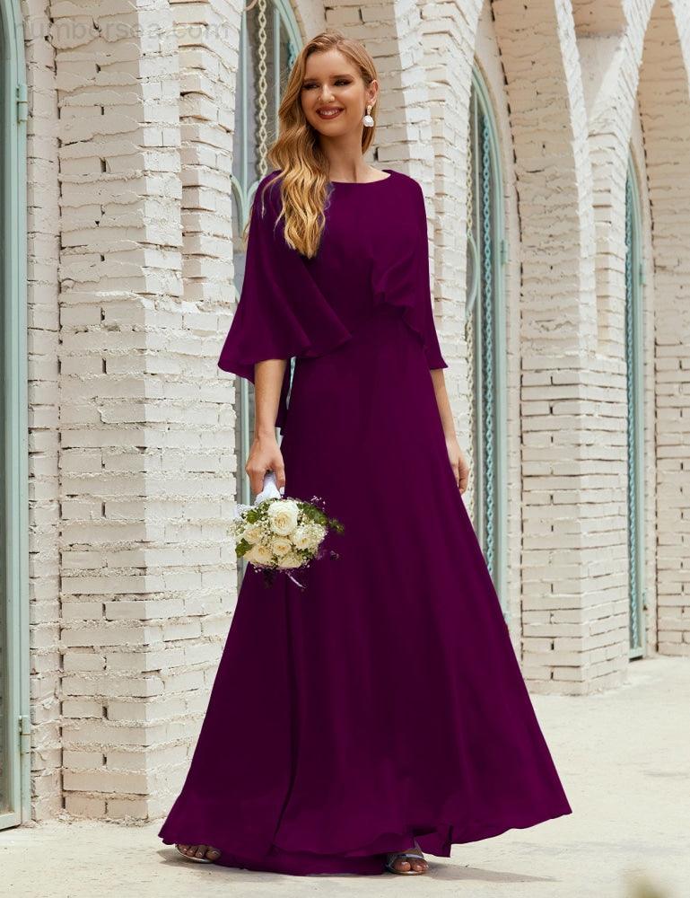Bridesmaid Dress Women Long Sleeve V-Neck Chiffon Formal Wedding Party Dress 28018