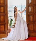 Gorgeous Satin Long A Line One Shoulder Wedding Dress With Slit