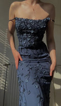 Abito da sera vintage blu navy con spalline sottili e applicazioni, abito da festa a sirena per compleanno Y7456