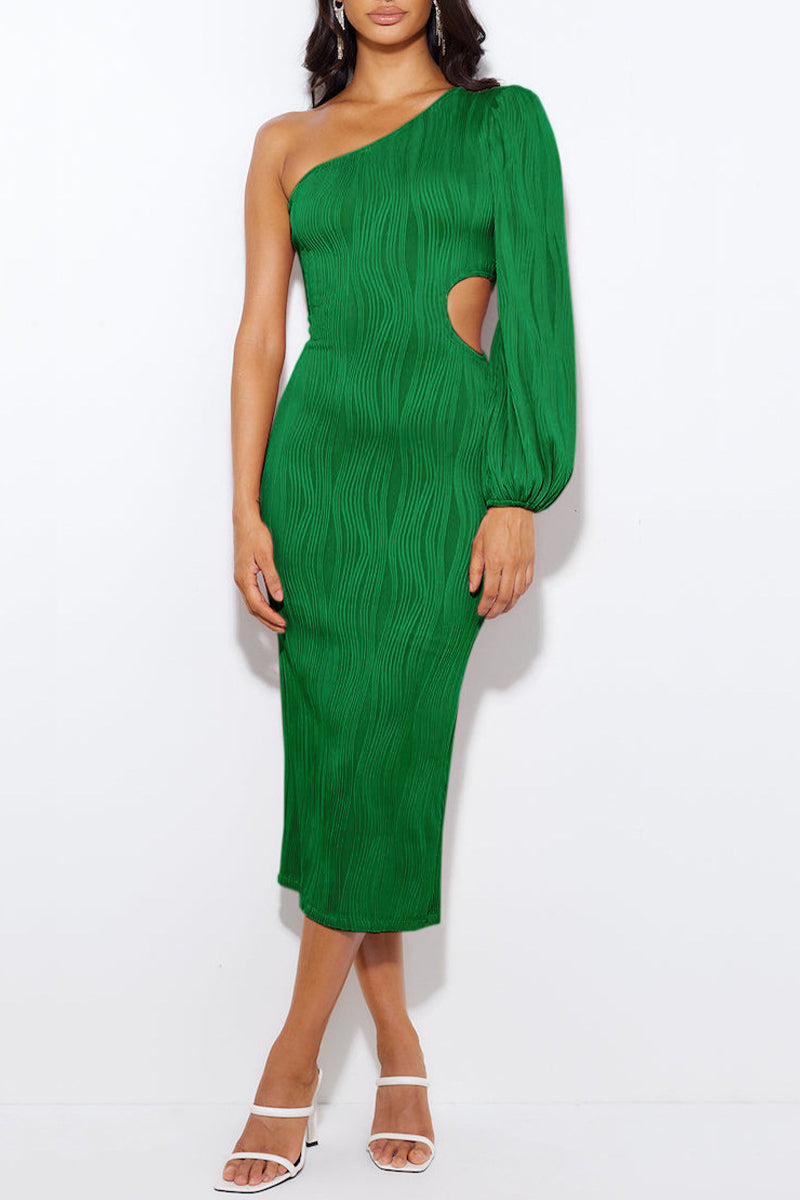 Vestidos de noite elegantes formais sólidos vazados com gola oblíqua (5 cores)
