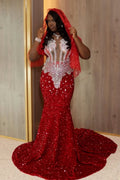 Charming Burgundy Sleeveless Sequin Mermaid Prom Dress Sheath Gem Embellishments