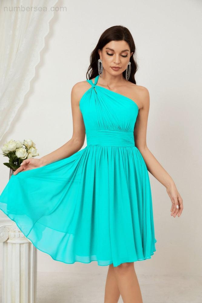 Women Chiffon Short One Shoulder Bridesmaid Dress Formal Dresses for Party Homecoming  2804