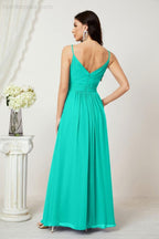 Chiffon V-Neck Bridesmaid Dress Spaghetti Strap Long Formal Party Prom Gowns with Slit 28010