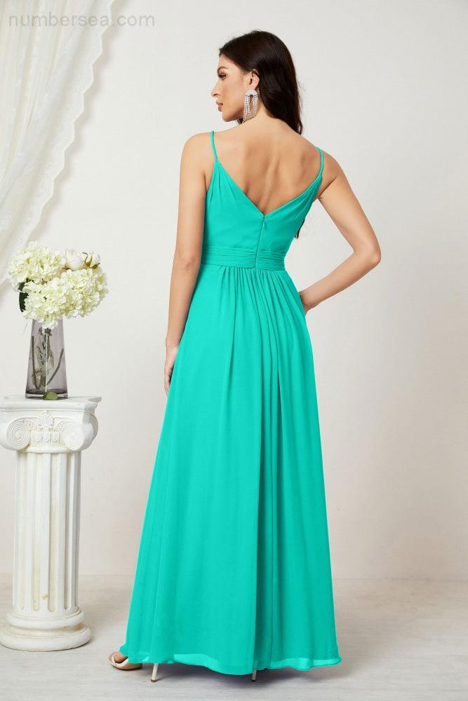 Chiffon V-Neck Bridesmaid Dress Spaghetti Strap Long Formal Party Prom Gowns with Slit 28010