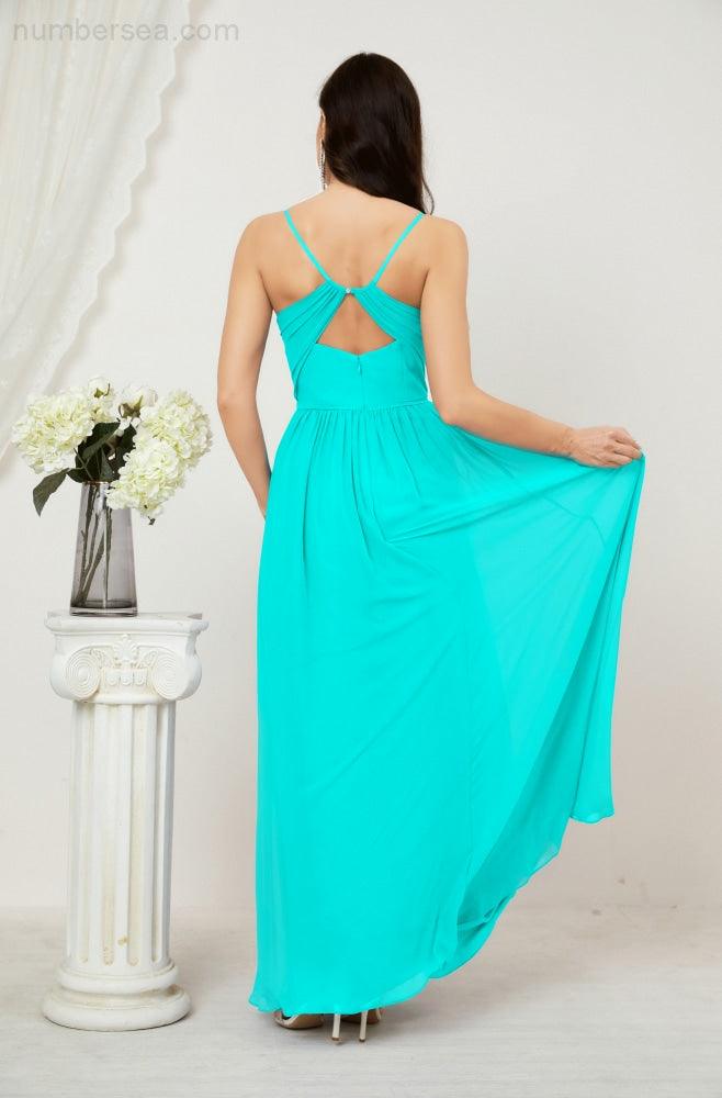 Neck Bridesmaid Dresses Chiffon Long Spaghetti A-line Formal Prom Gown for Wedding Party Evening 2801
