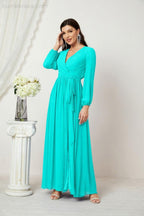 Evening Dresses Deep V-Neck Chiffon Bridesmaid Dresses Long Bishop Sleeve Side Split Formal Dress 2806