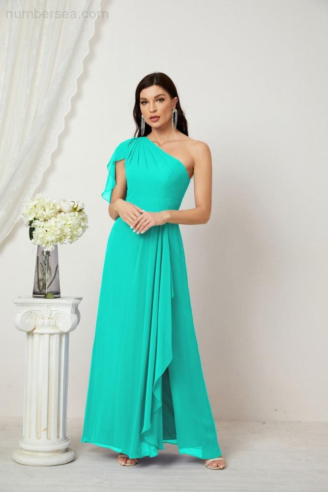 Chiffon Ruffled One Shoulder Long Bridesmaid Dresses A-line Formal Evening Gown Side Split 2809