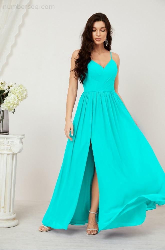 Neck Bridesmaid Dresses Chiffon Long Spaghetti A-line Formal Prom Gown for Wedding Party Evening 2801