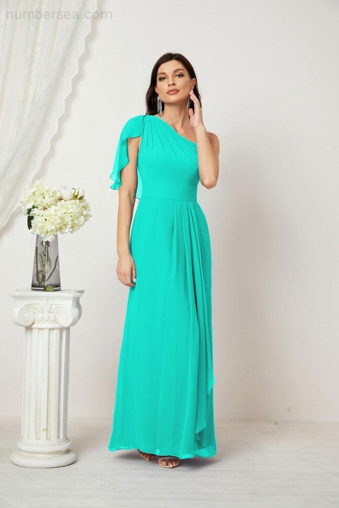 Chiffon Ruffled One Shoulder Long Bridesmaid Dresses A-line Formal Evening Gown Side Split 2809