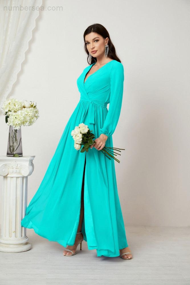 Evening Dresses Deep V-Neck Chiffon Bridesmaid Dresses Long Bishop Sleeve Side Split Formal Dress 2806