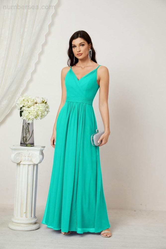 Chiffon V-Neck Bridesmaid Dress Spaghetti Strap Long Formal Party Prom Gowns with Slit 28010