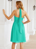 Halter Chiffon Bridesmaid Dresses Short Sleeveless Formal Party Dress Open Back 28023