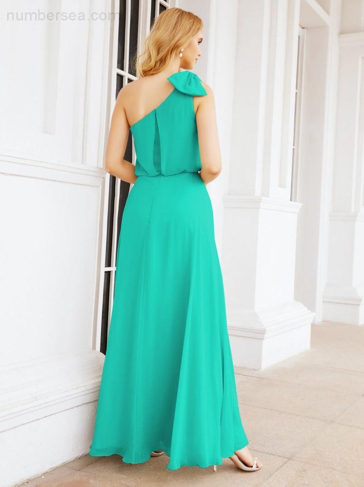 Chiffon Ruffled One Shoulder Sleeveless Long Bride Dresses A-line Formal Evening Gown Side Split 28057