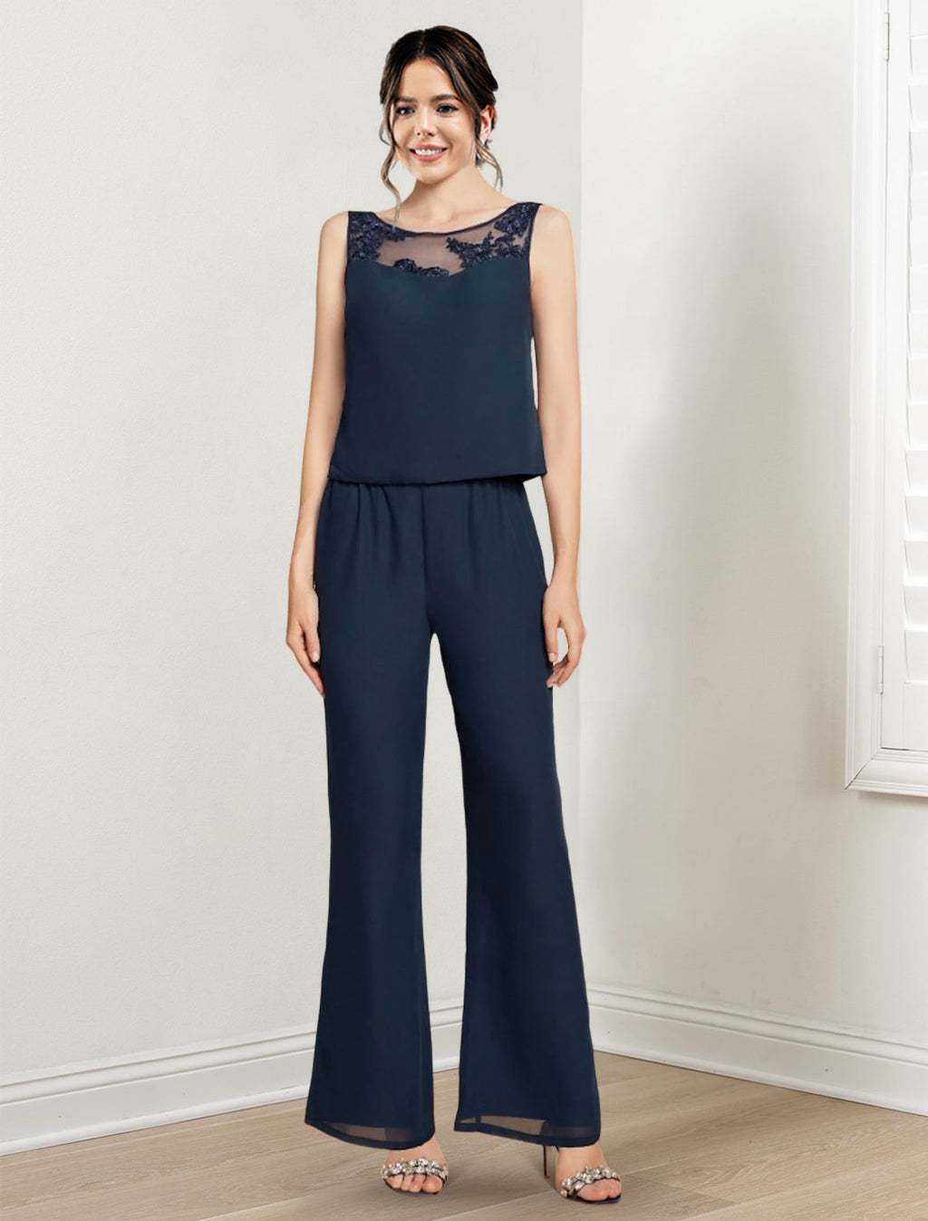 Mother Of The Bride Chiffon Pantsuit With Jacket Scoop Neck