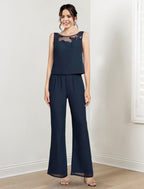 Mother Of The Bride Chiffon Pantsuit With Jacket Scoop Neck