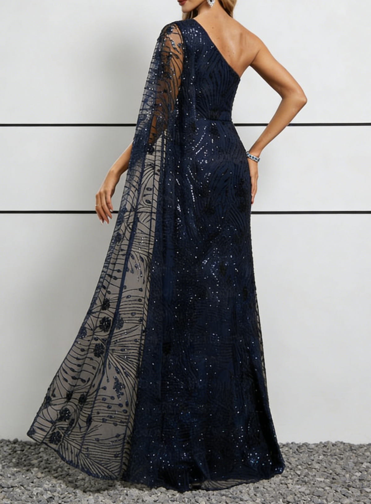 Navy Blue Sequin One-Shoulder Mermaid Gown with Cape Sleeve & Embellished Train