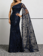 Navy Blue Sequin One-Shoulder Mermaid Gown with Cape Sleeve & Embellished Train