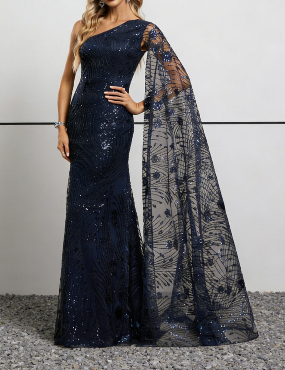 Navy Blue Sequin One-Shoulder Mermaid Gown with Cape Sleeve & Embellished Train