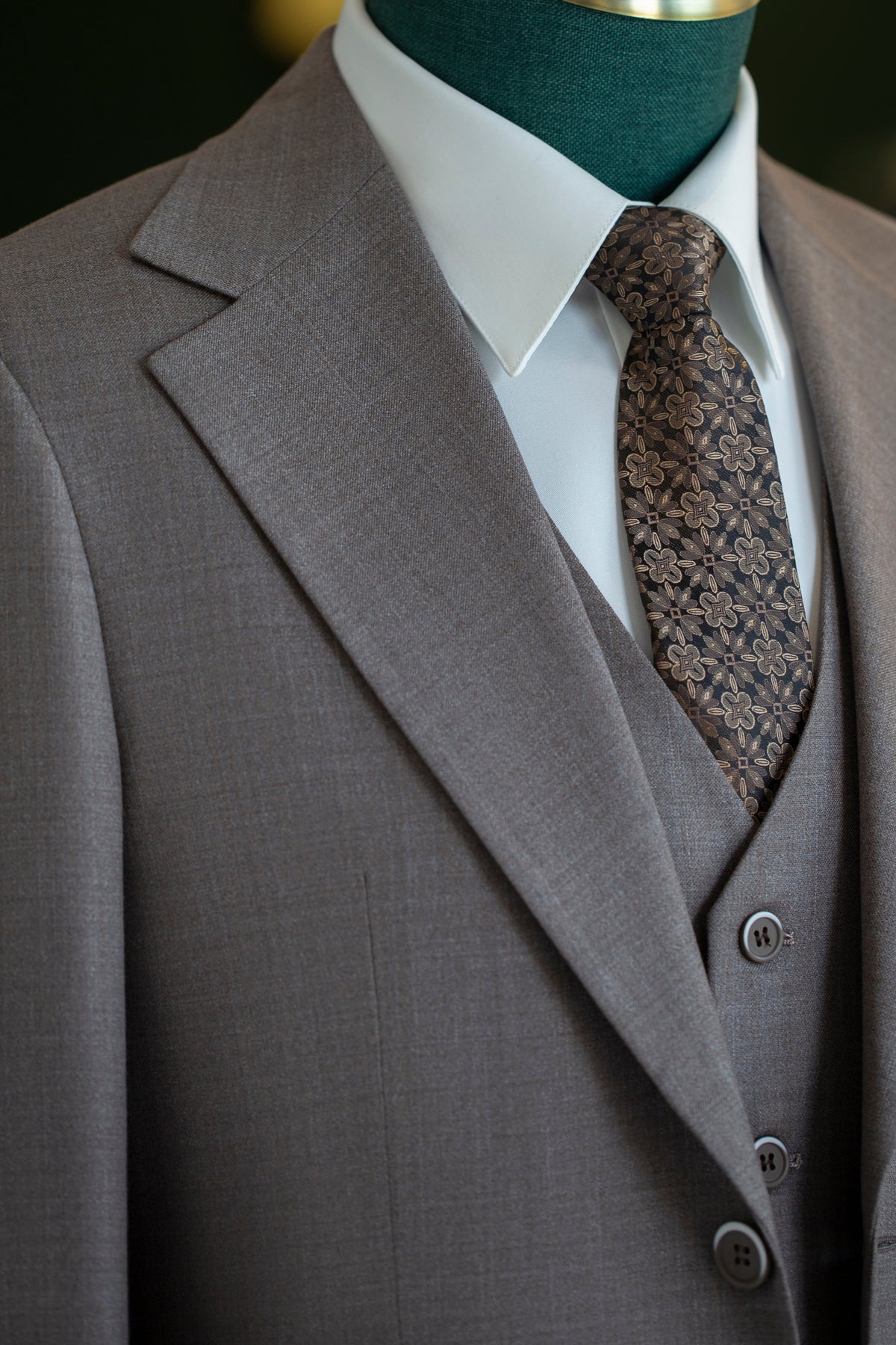 Taupe Wool 3 Piece Wedding Suit For Groom And Groomsmen With Tailored Fit