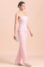 BMbridal Elegant Strapless Appliques Mother of Bride Jumpsuit with Long Sleeves Wraps