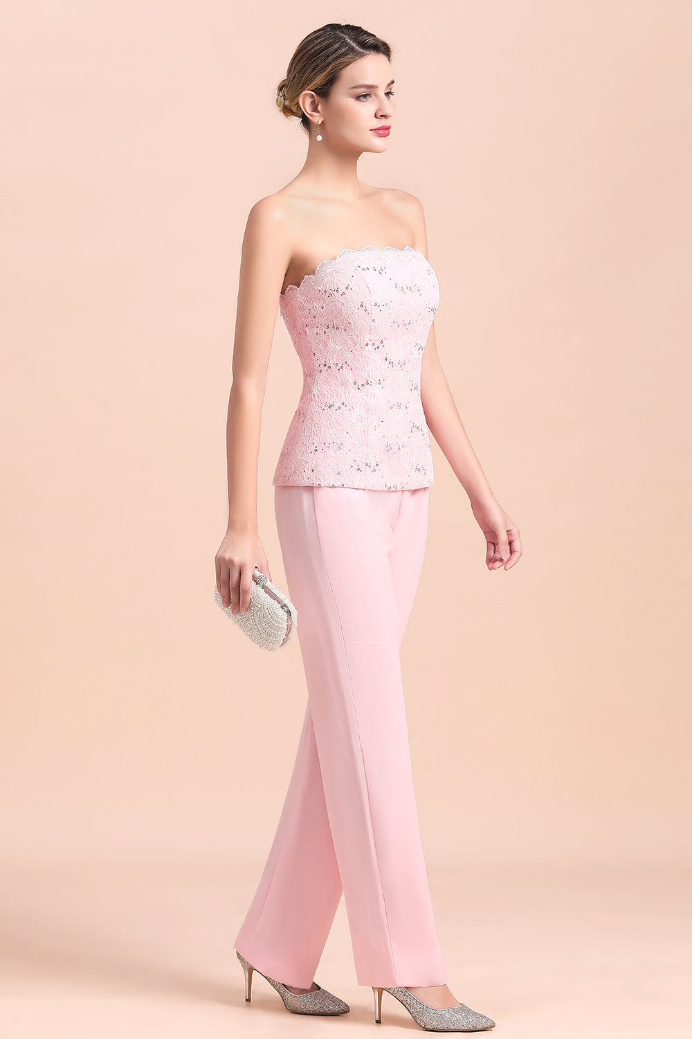 BMbridal Elegant Strapless Appliques Mother of Bride Jumpsuit with Long Sleeves Wraps