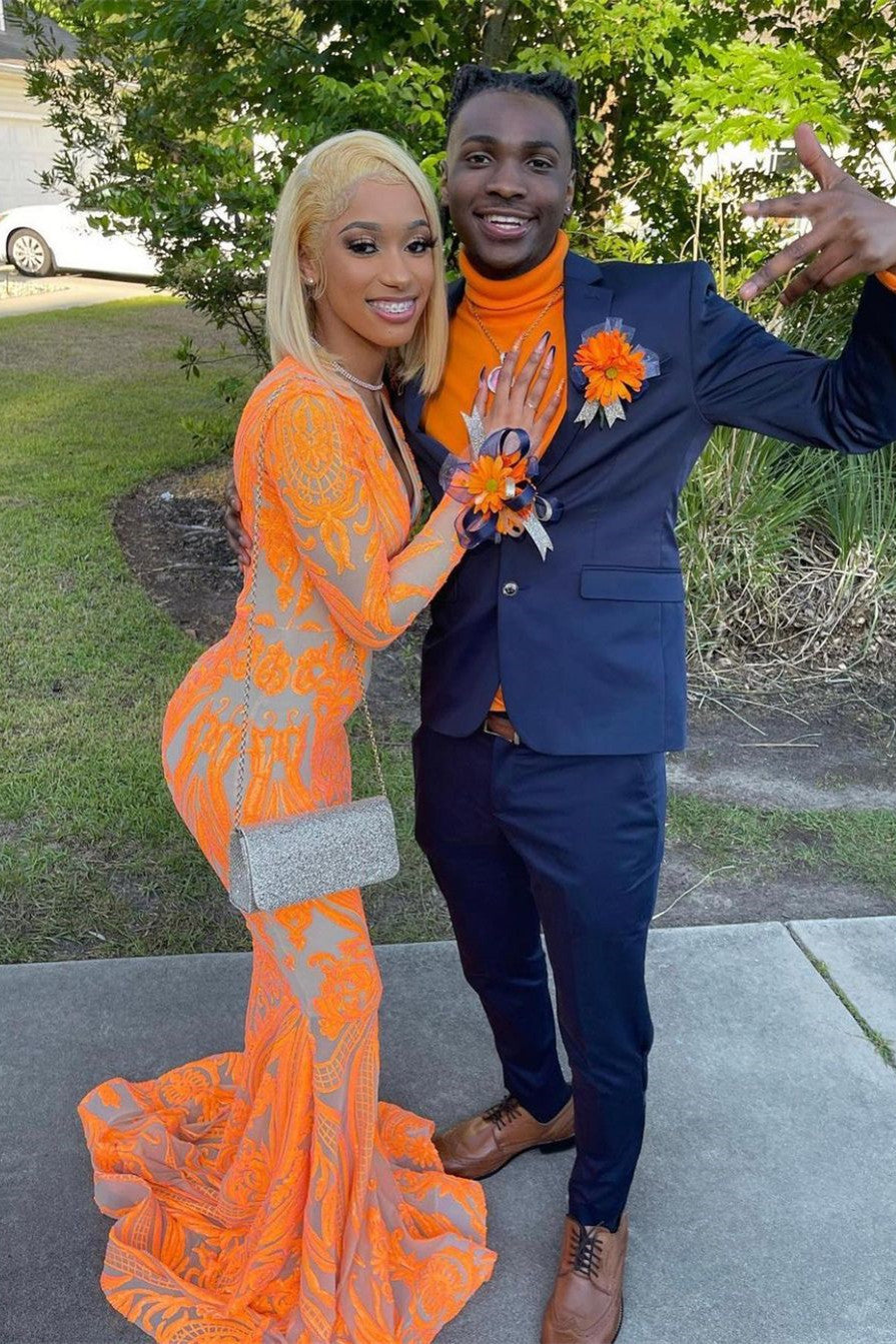 Vestido de Baile Laranja Comprido com Decote em V, Renda e Cauda de Sereia, com Mangas