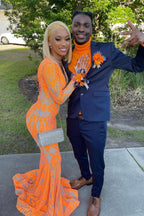 Vestido de Baile Laranja Comprido com Decote em V, Renda e Cauda de Sereia, com Mangas