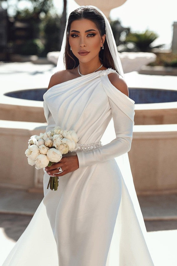 One Shoulder Mermaid Satin Wedding Dress With Overskirt And Backless