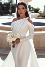 One Shoulder Mermaid Satin Wedding Dress With Overskirt And Backless