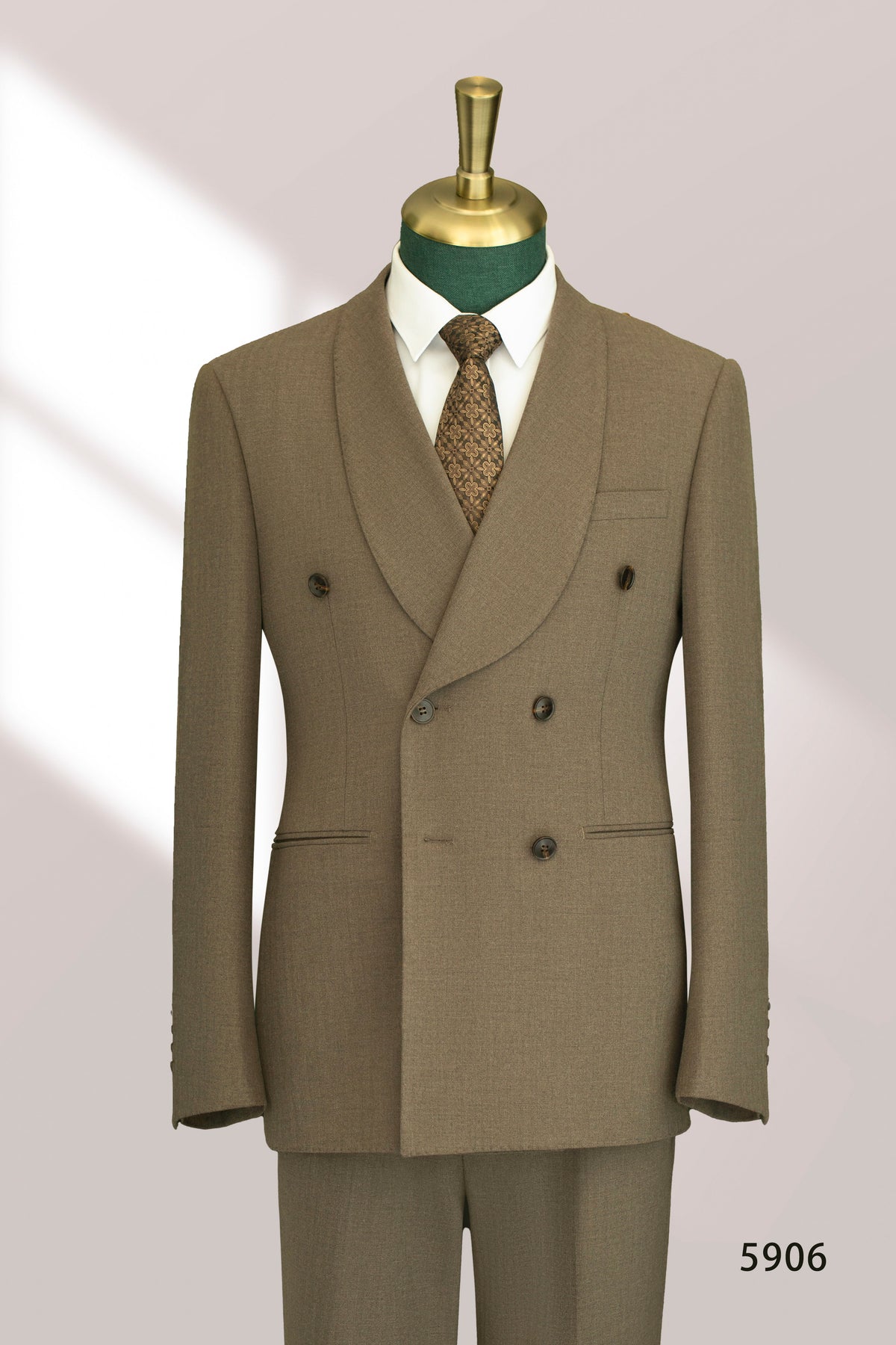 Taupe Wool Double Breasted 3 Piece Tailored Wedding Suit For Groom And Groomsmen