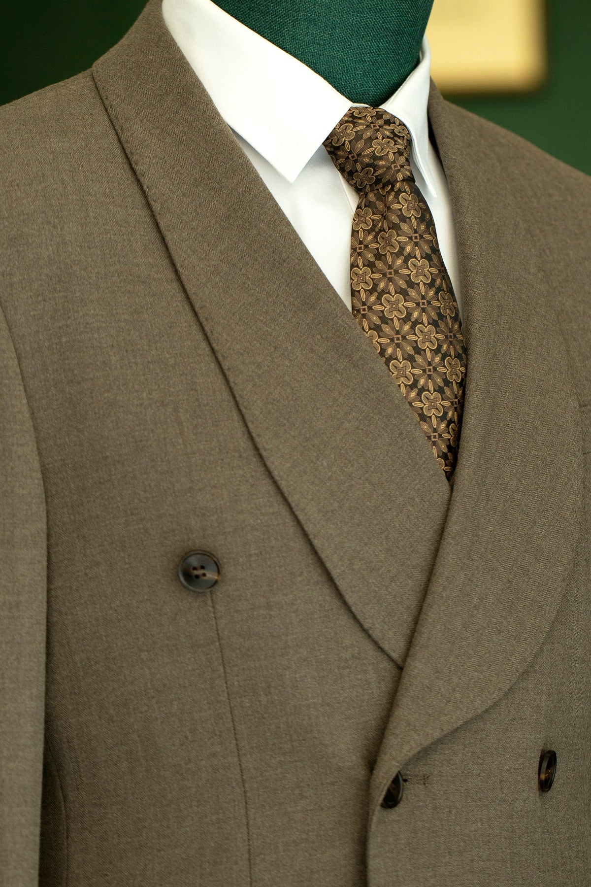 Taupe Wool Double Breasted 3 Piece Tailored Wedding Suit For Groom And Groomsmen