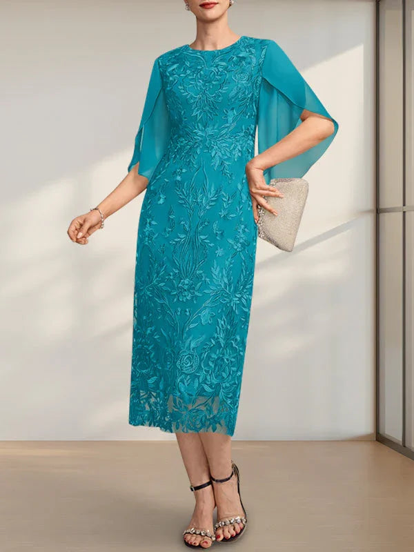 Sheath/Column Scoop Tea-Length Lace Chiffon Mother of the Bride Dress