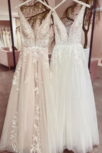 Elegant Backless Long A Line V Neck Wedding Dress With Tulle Lace