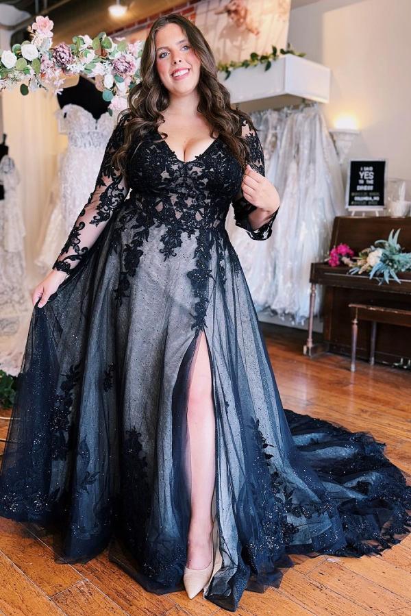 Bmbridal Black Long Sleeves Wedding Reception Dress V Neck With Lace Appliques