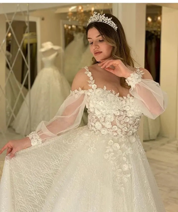Glitter Spaghetti Straps Sweetheart A Line Long Wedding Dress With Sleeves